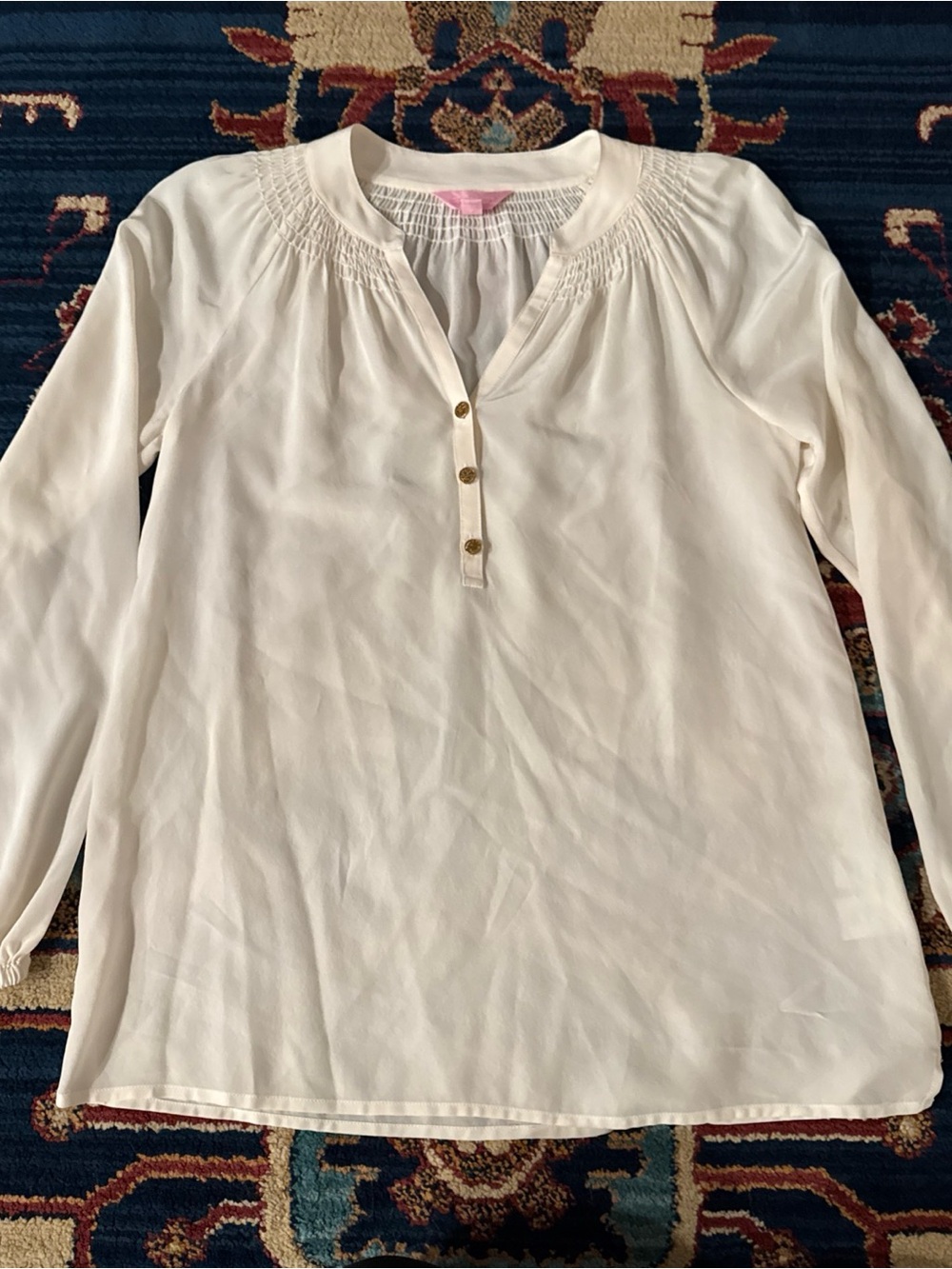 Lilly Pulitzer Cream Smocked Henley Blouse